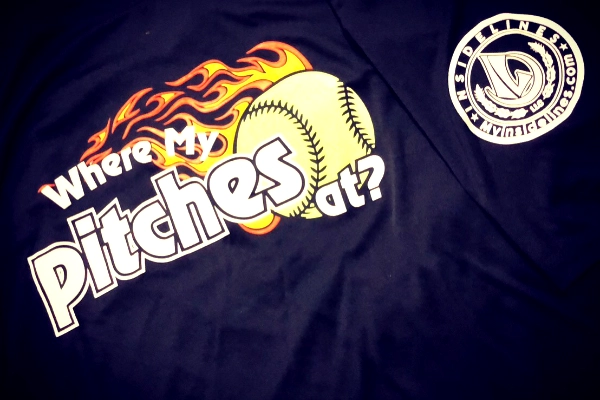 Black tee with a "Where My Pitches At?" softball graphic and InsideLines logo