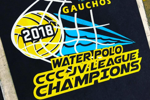 Gauchos 2018 Water Polo CCC JV League Champions design printed on a dark tee