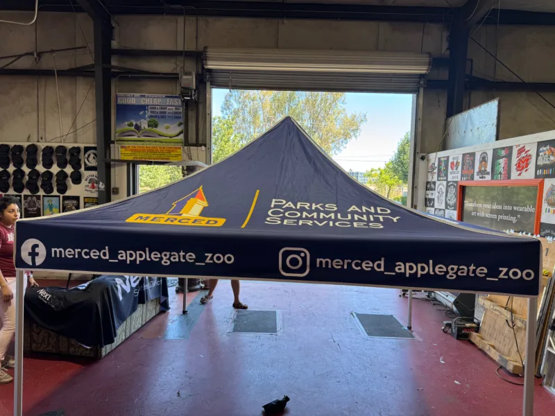 Custom branded canopy for Merced Applegate Zoo and Parks and Community Services