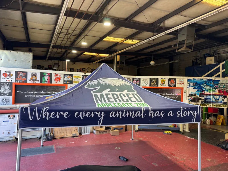 Merced Applegate Zoo canopy with custom logo and full-color printed valance