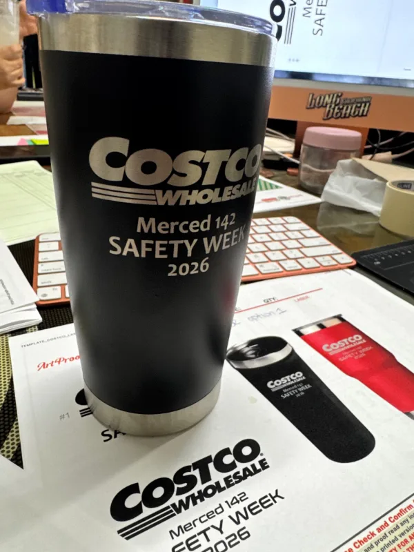 Custom Costco Wholesale Merced Safety Week tumbler with laser-etched artwork